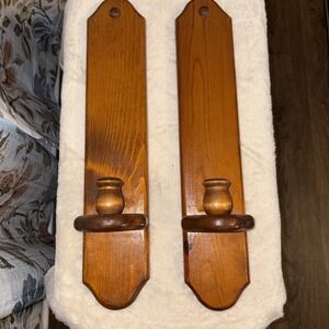 Two Vintage Wooden Farmhouse Cottage Wall Candle Holders Stained